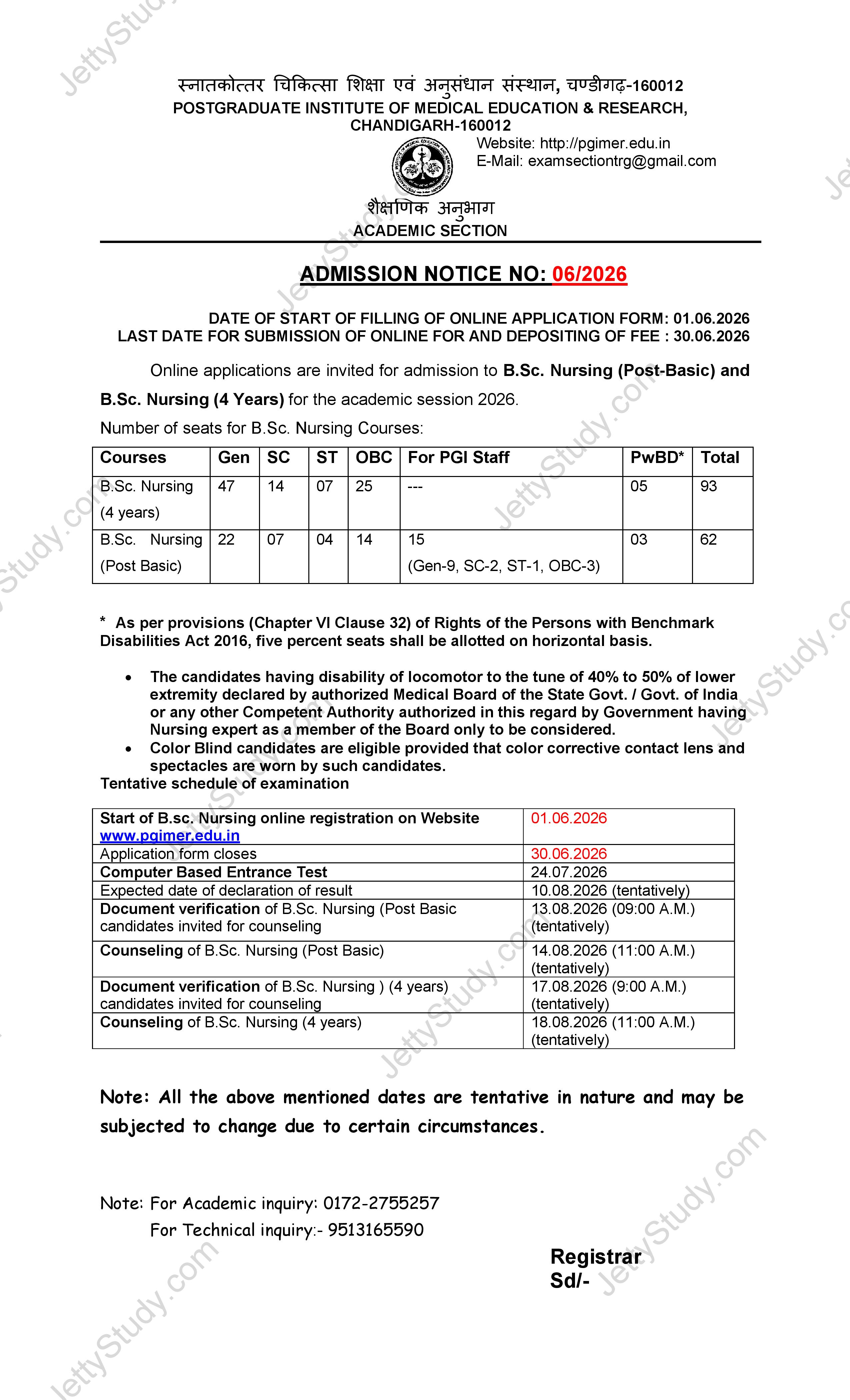 PGI BSC NURSING ADMISSION NOTICE 2026